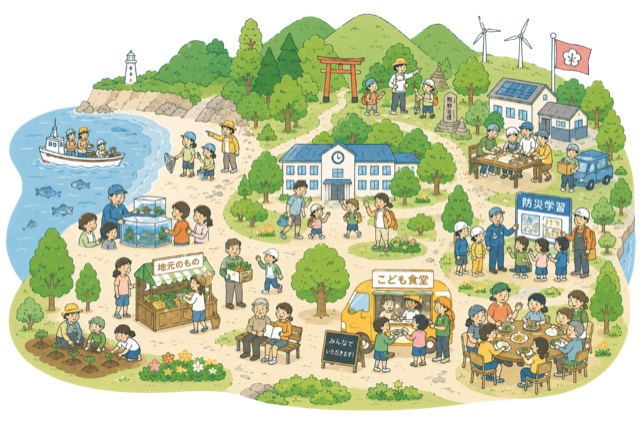 地域の学校・企業・自然がつながるイラスト